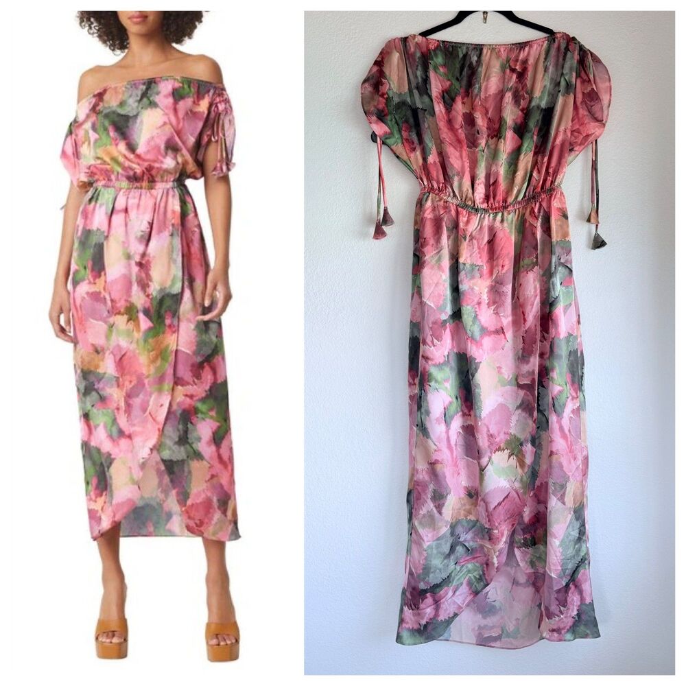 NWT MISA L.A. Mara Off the Shouler Satin Midi Dress in Watermelon Tourmaline M